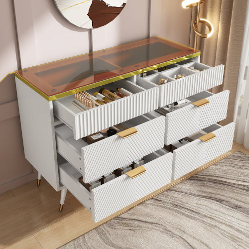 Serene White 6-Drawer Dresser With Amber Glass